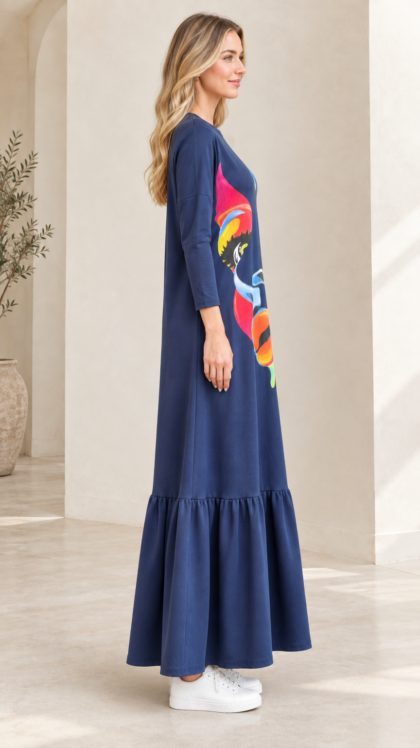 Side view of Navy Blue artistic print long-sleeve tiered maxi dress