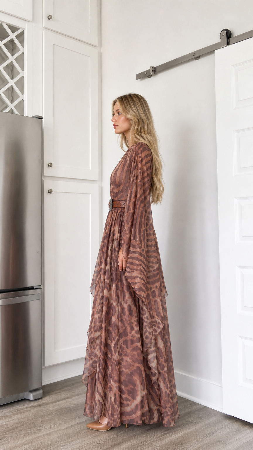 Side profile view of woman modeling the brown draped sleeve flowy maxi dress