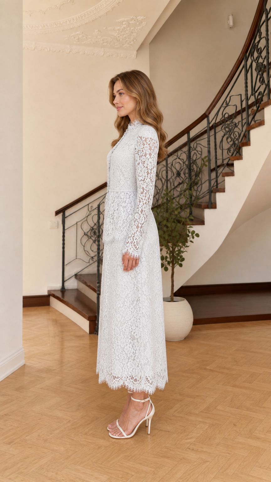 Ice blue floral lace maxi dress side profile view