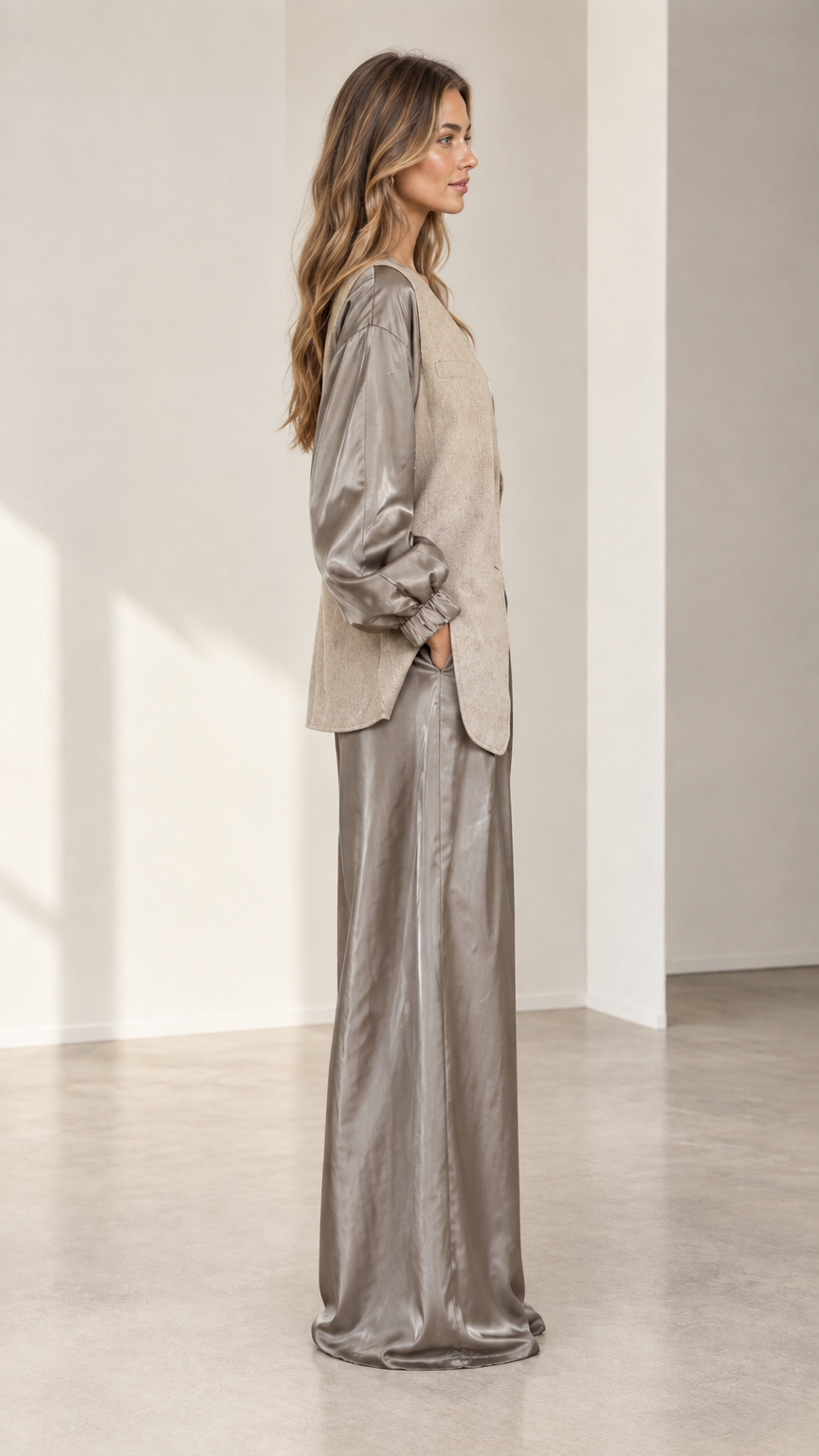 Side angle view of taupe two-piece satin and textured blazer pant set