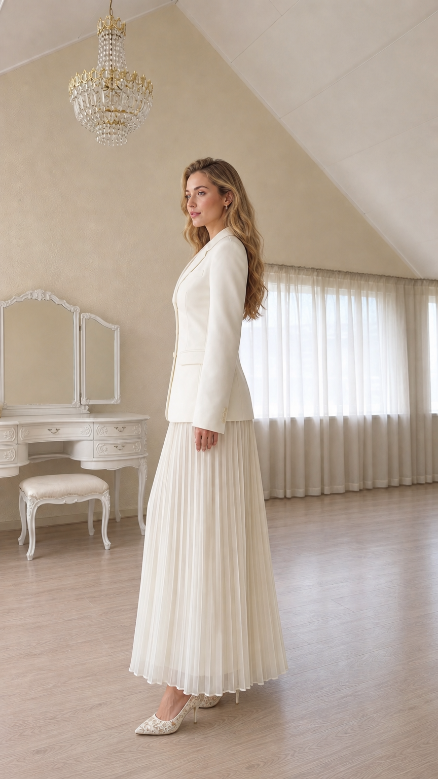 Side profile view of a woman in a white blazer and long skirt