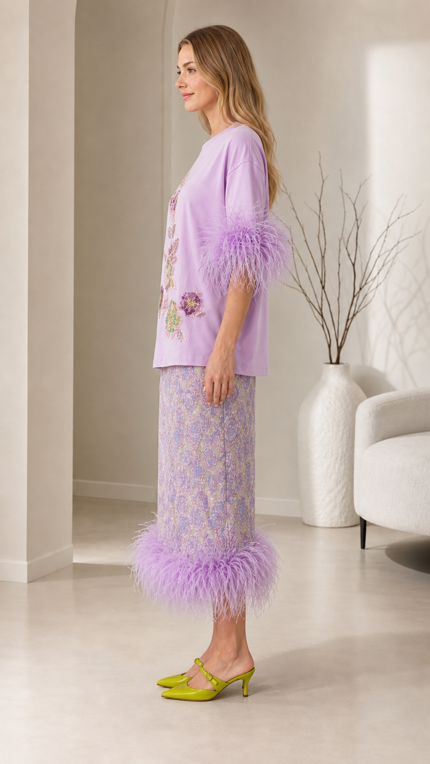Side profile view of lavender feather trim co-ord set