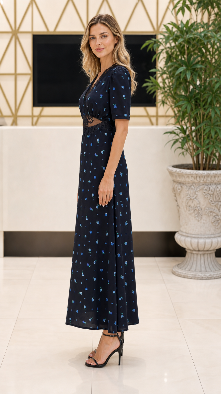 Side profile of model in Navy Blue short sleeve floral maxi dress