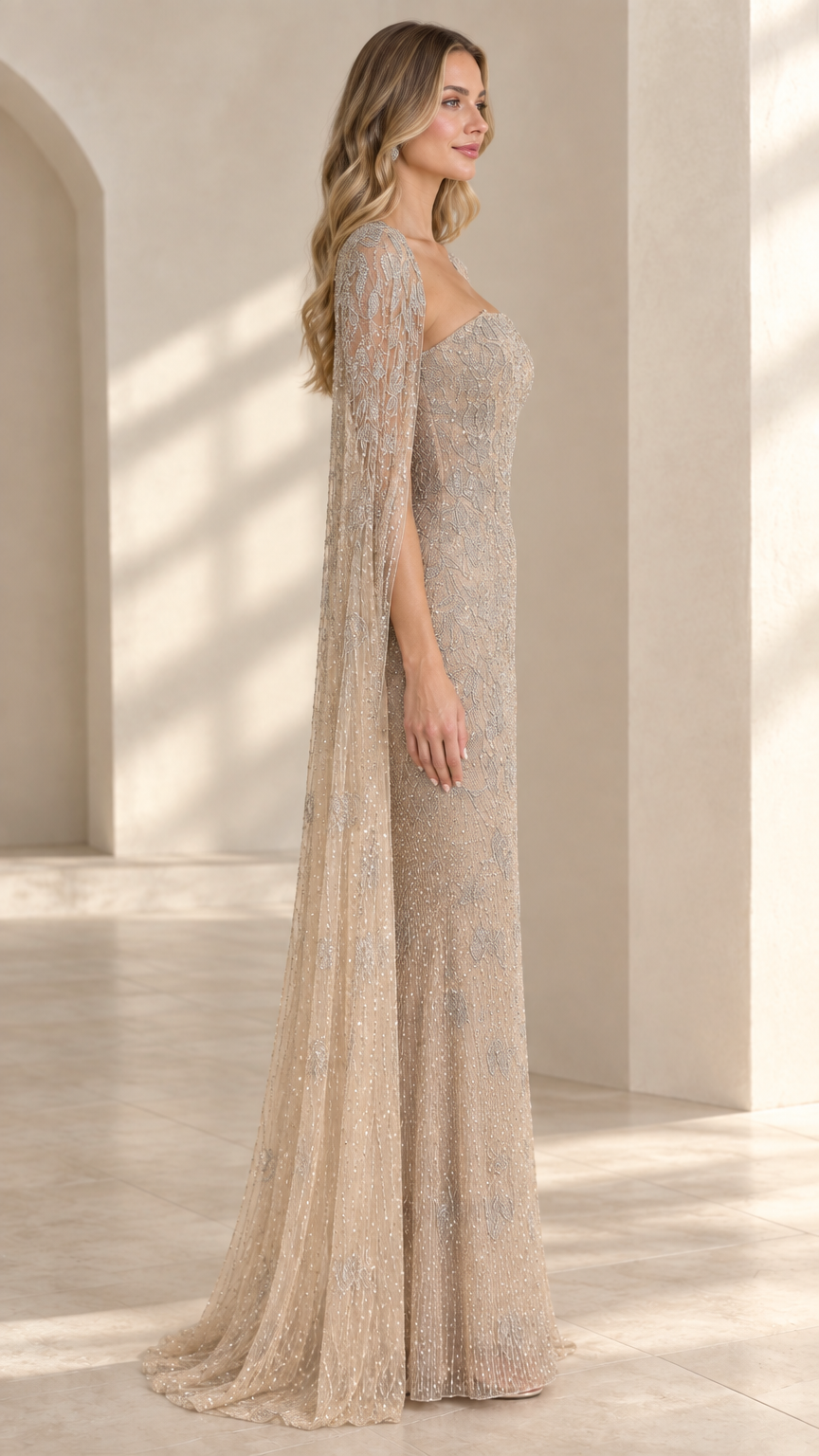 Side angle of model in champagne sequined formal gown showcasing cape drape
