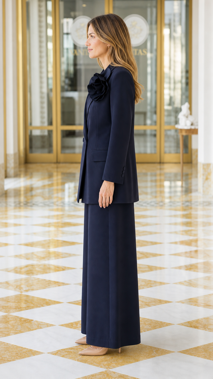 Side view showing the tailored navy blazer and flowing wide-leg trousers