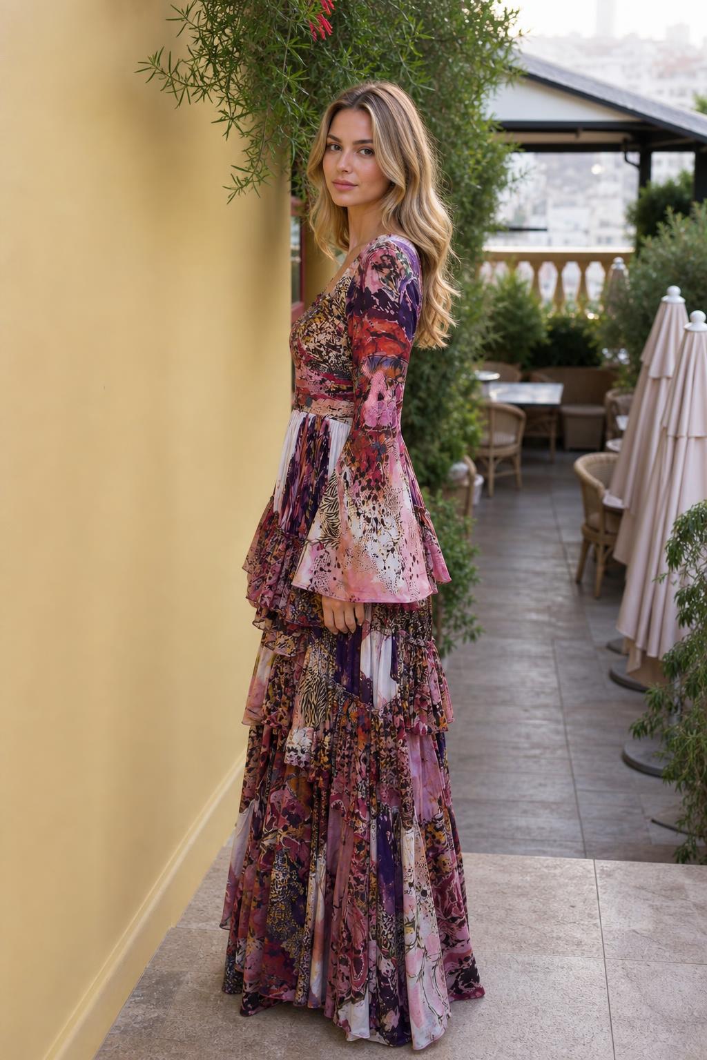 Side profile of model in multi-color maxi dress