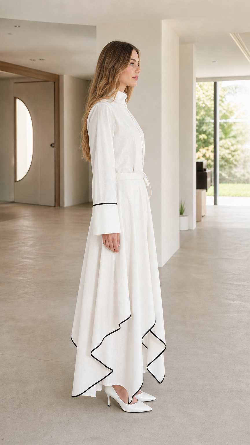 Side profile of woman in white maxi dress showing sleek silhouette and heels