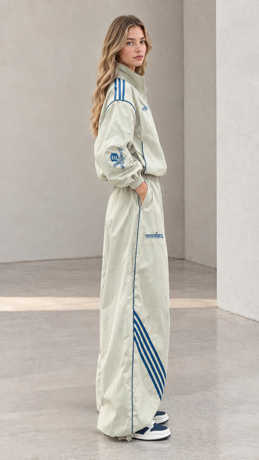Side view of woman posing in sage green wide-leg tracksuit with blue side stripes