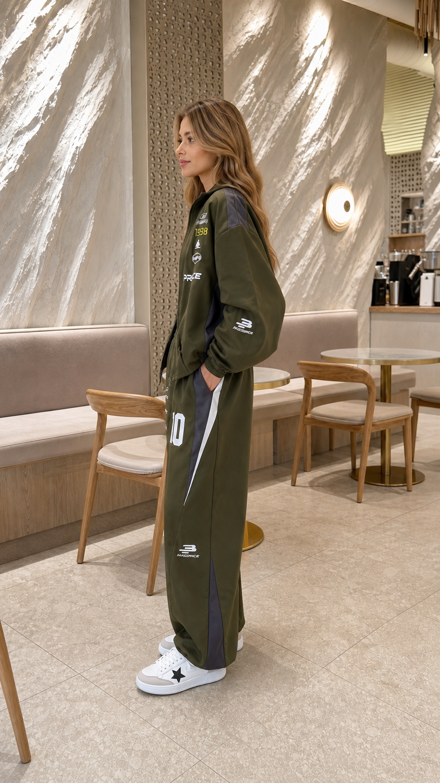 Side view of model in olive green racing graphic tracksuit set