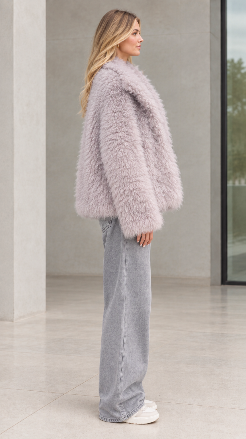 Side profile of model in dusty lilac shaggy plush coat showing relaxed silhouette