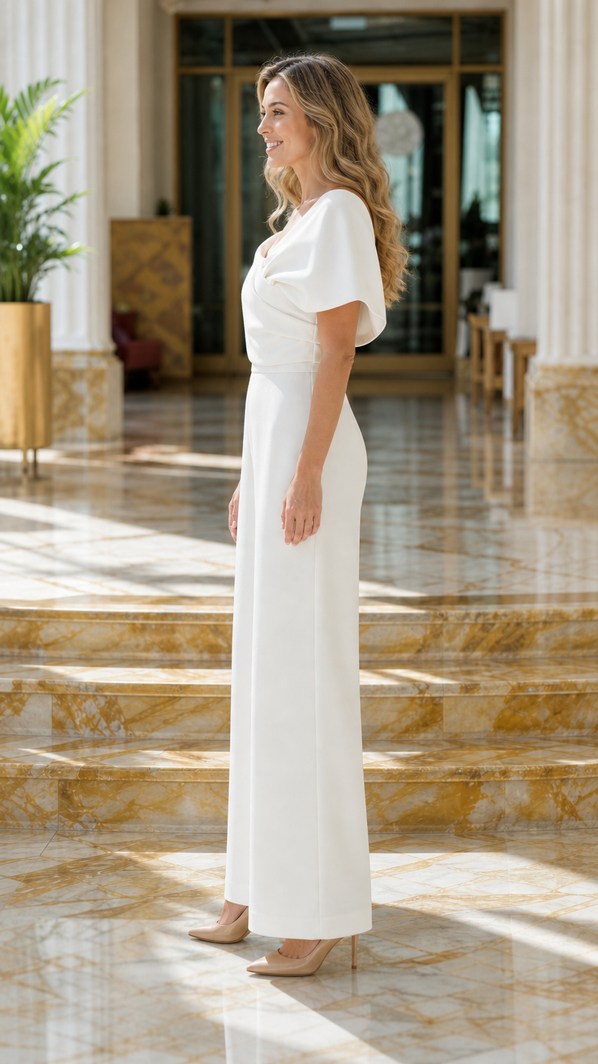 Side profile of woman in white formal jumpsuit