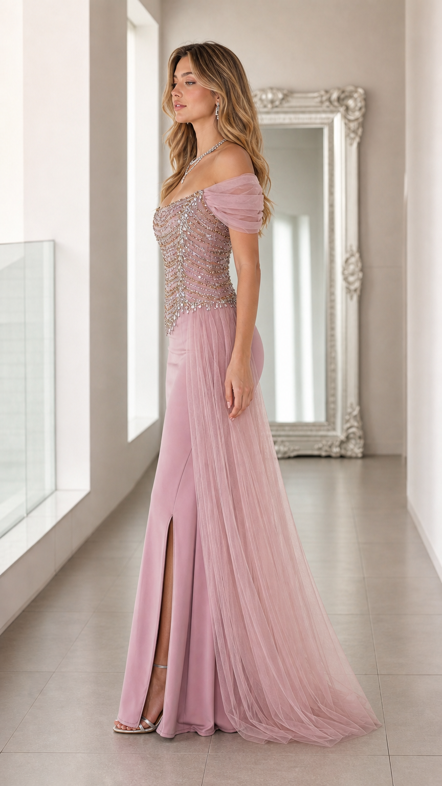 Dusty Rose embellished formal maxi dress side view showing leg slit