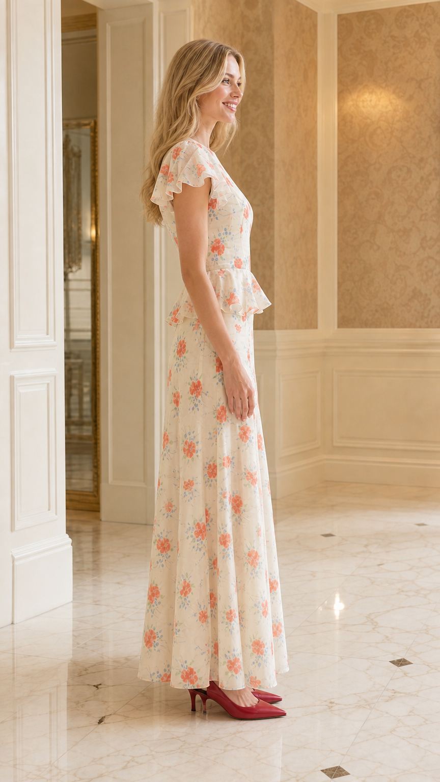 Side profile view of cream floral print maxi dress