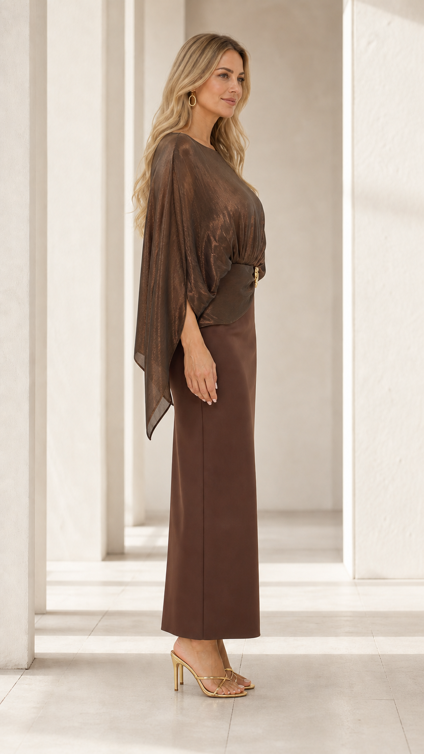 Side profile of woman wearing bronze brown cape overlay column evening gown