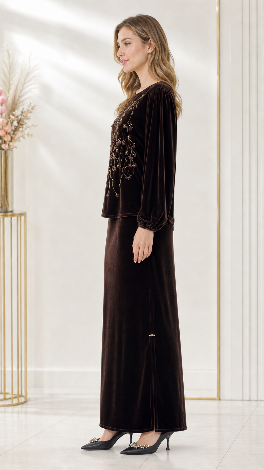 Side full-length view of dark brown velvet matching set showing the skirt side slit