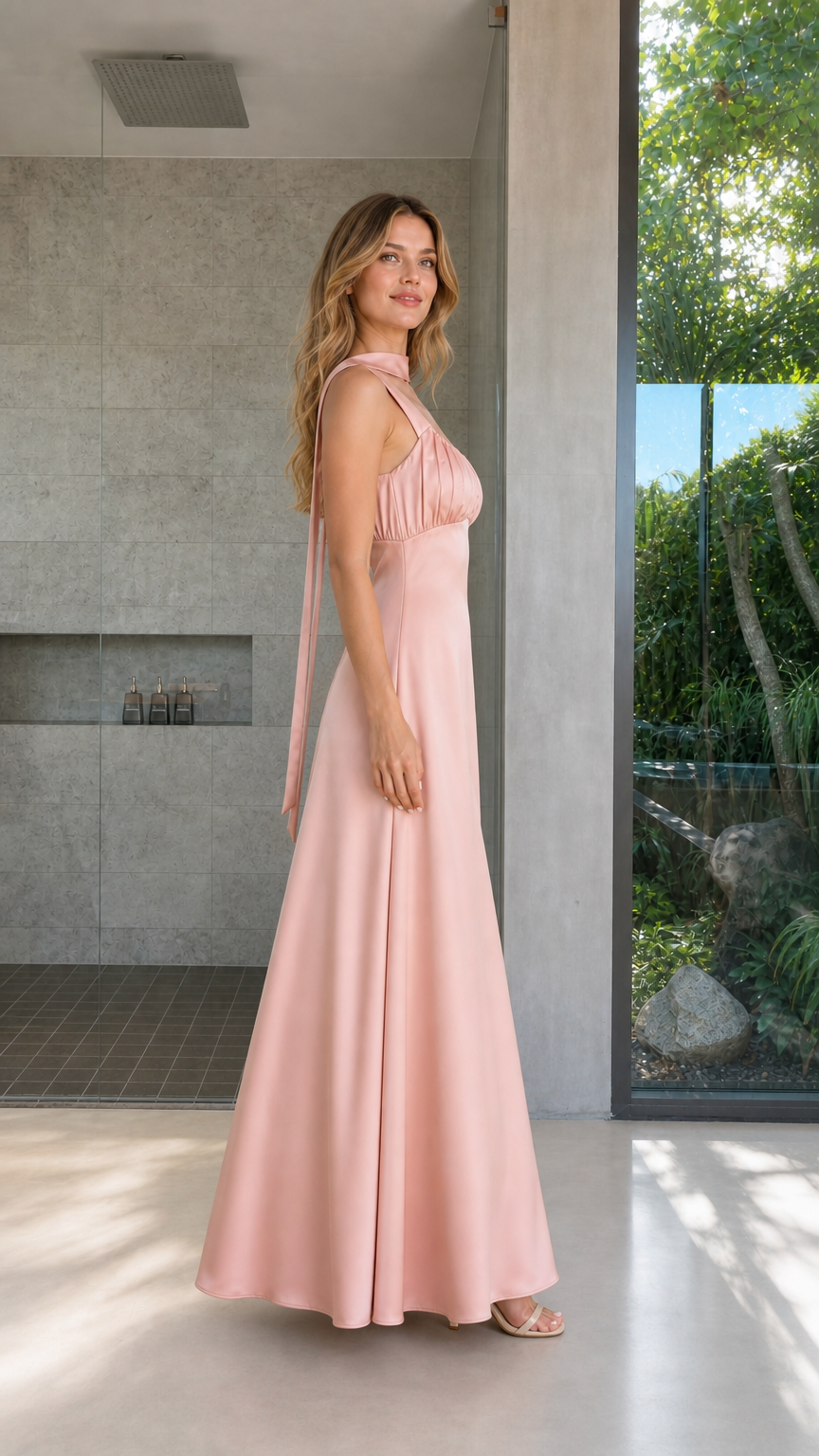 Model wearing Blush Pink satin maxi dress side angle view