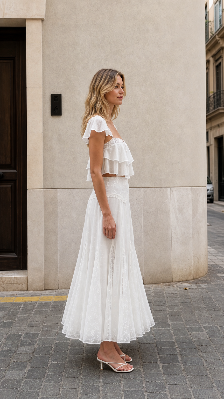 Side view of woman wearing white ruffled two-piece maxi set