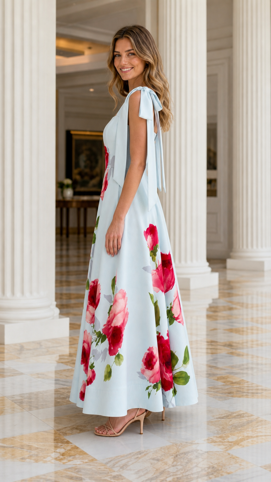 Side profile view of light blue floral maxi dress