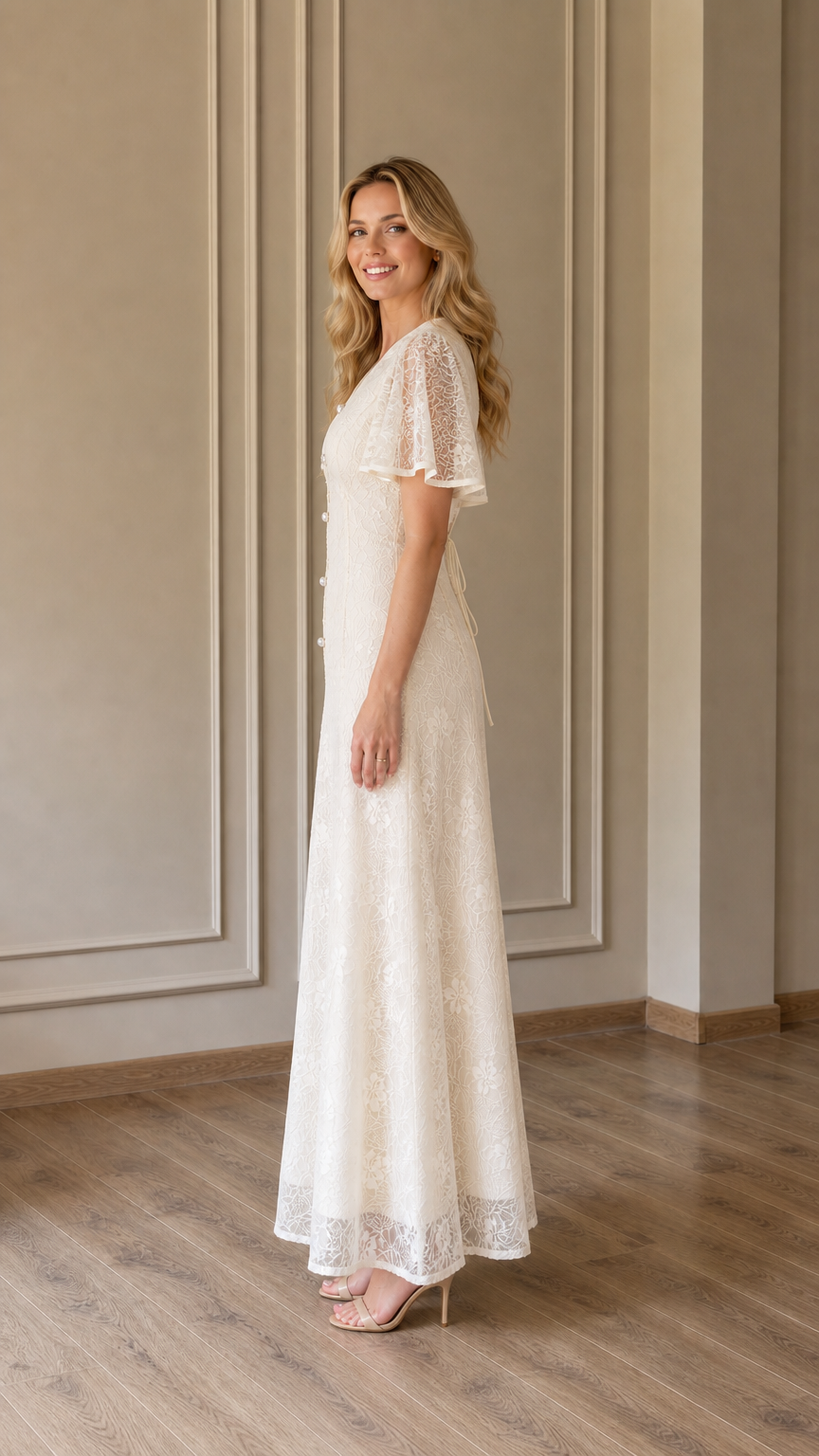 Side profile view of Ivory lace maxi dress