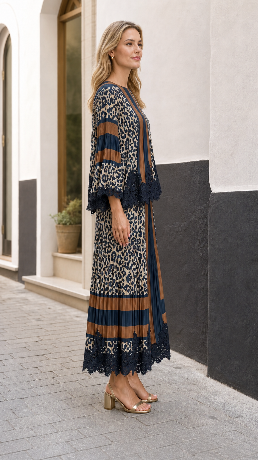 Side angle view of model showcasing the flowing wide-leg silhouette of the navy blue pleated set