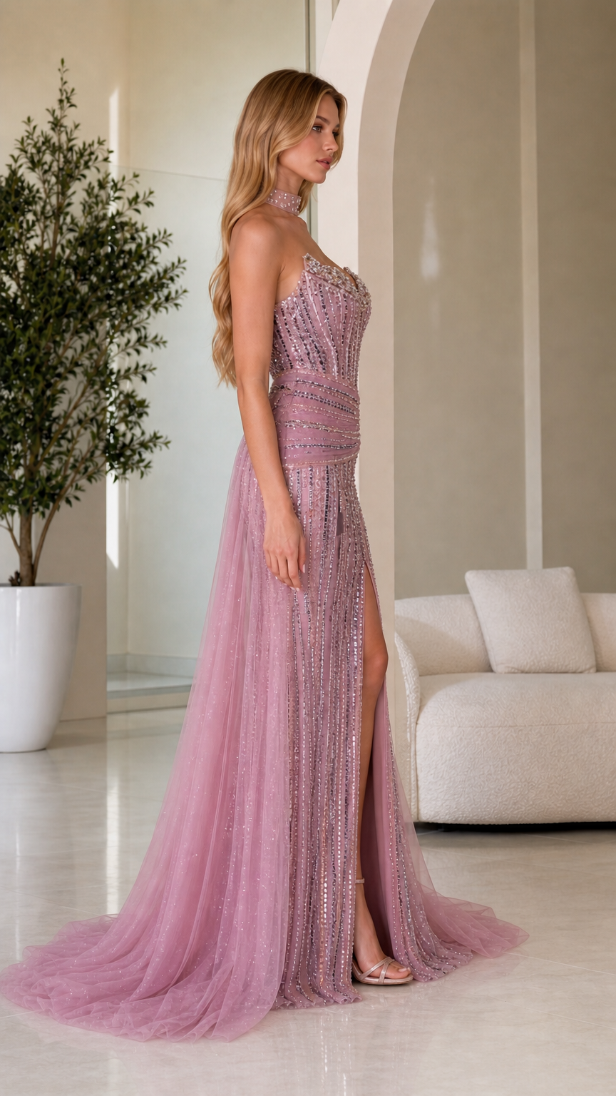 Side angle view of dusty rose formal gown showing thigh-high slit and sweep train