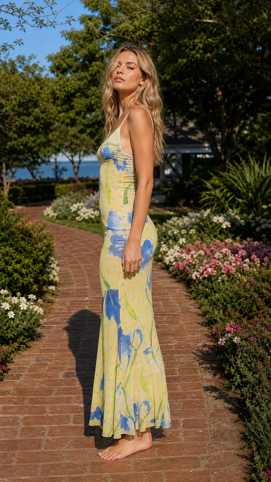 Side view of yellow floral slip maxi dress