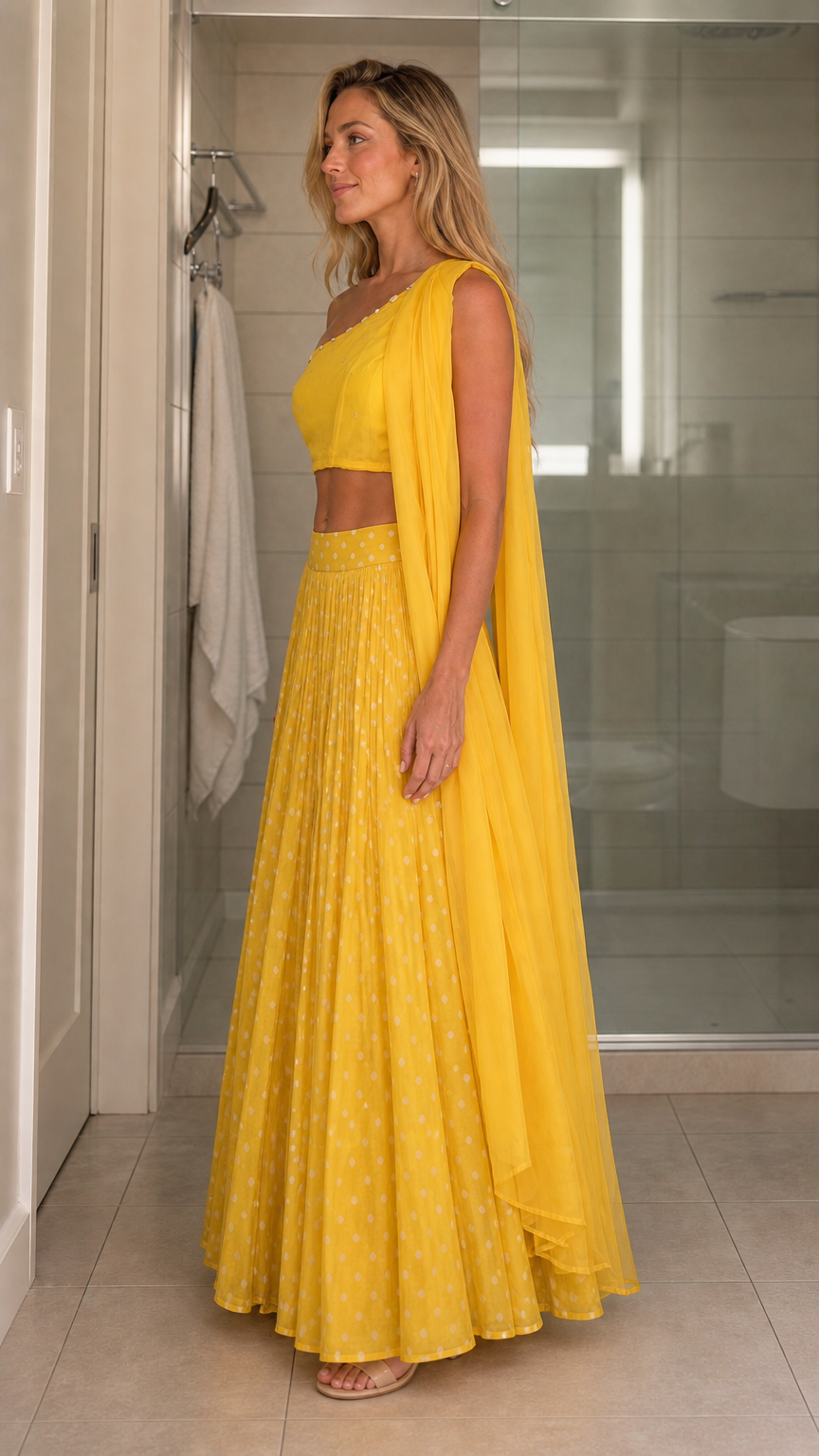 Side profile of model in yellow ethnic two-piece set