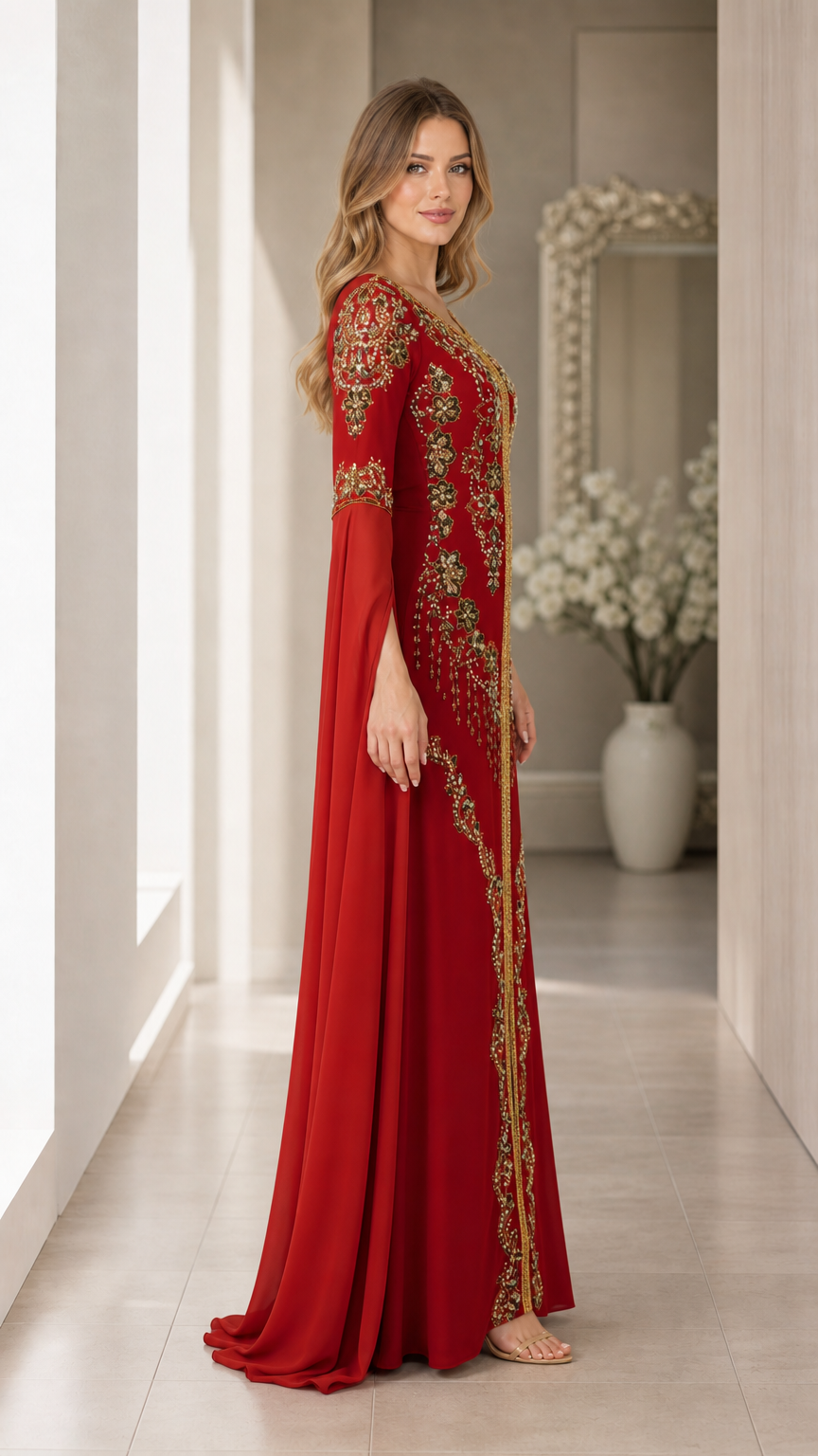 Side profile view of woman modeling the red flowing cape sleeve evening kaftan