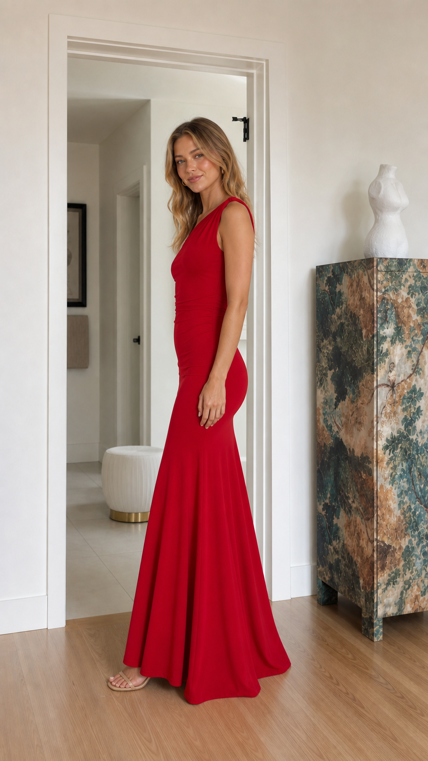 Side profile of model in a fitted red one-shoulder floor-length gown