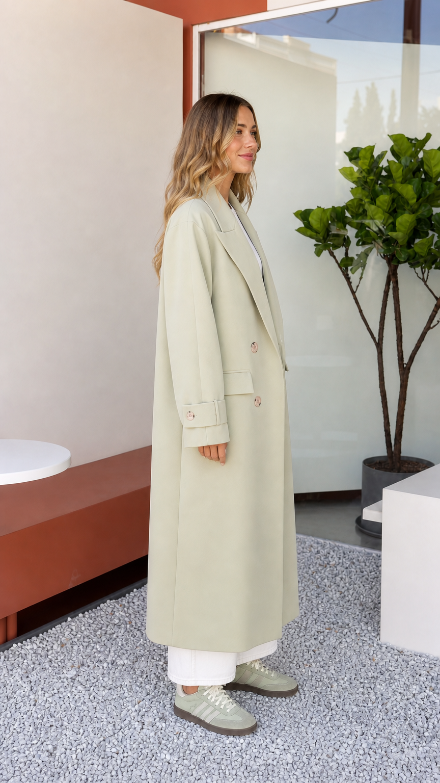 Side profile view of woman modeling Sage Green tailored maxi coat