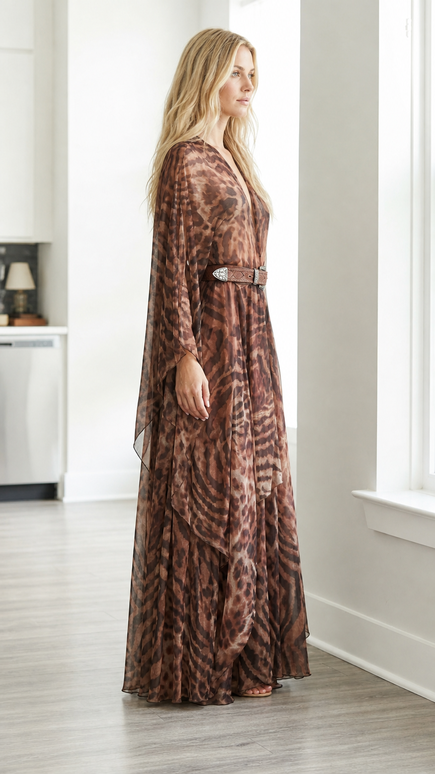 Side-angled view of brown flowing chiffon animal print maxi gown