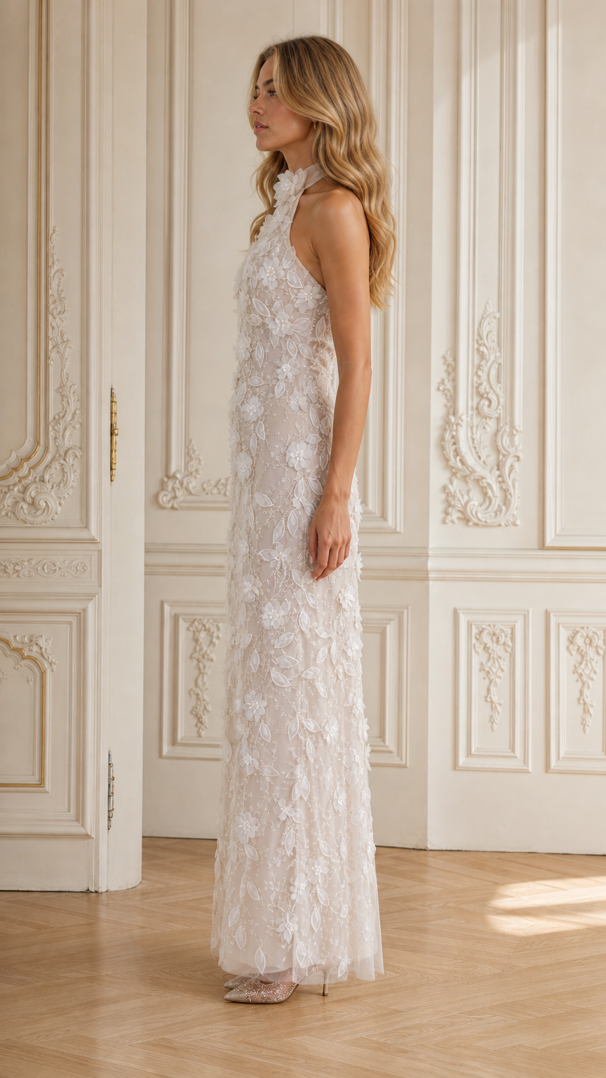 Ivory halter neck formal evening gown side angle view