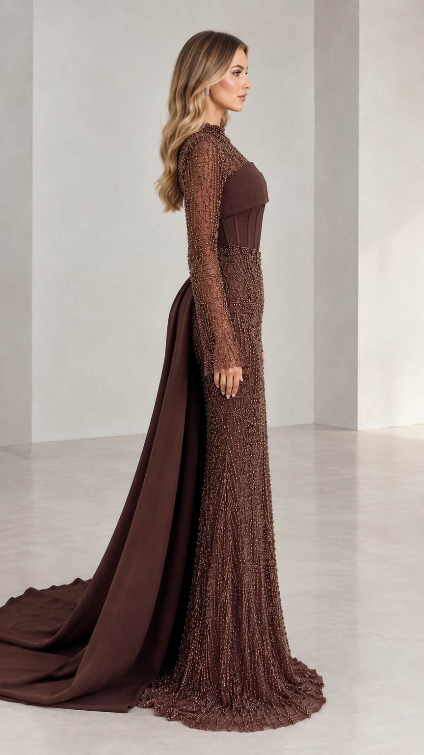 Side profile view of woman modeling brown beaded long sleeve formal gown with sweeping train