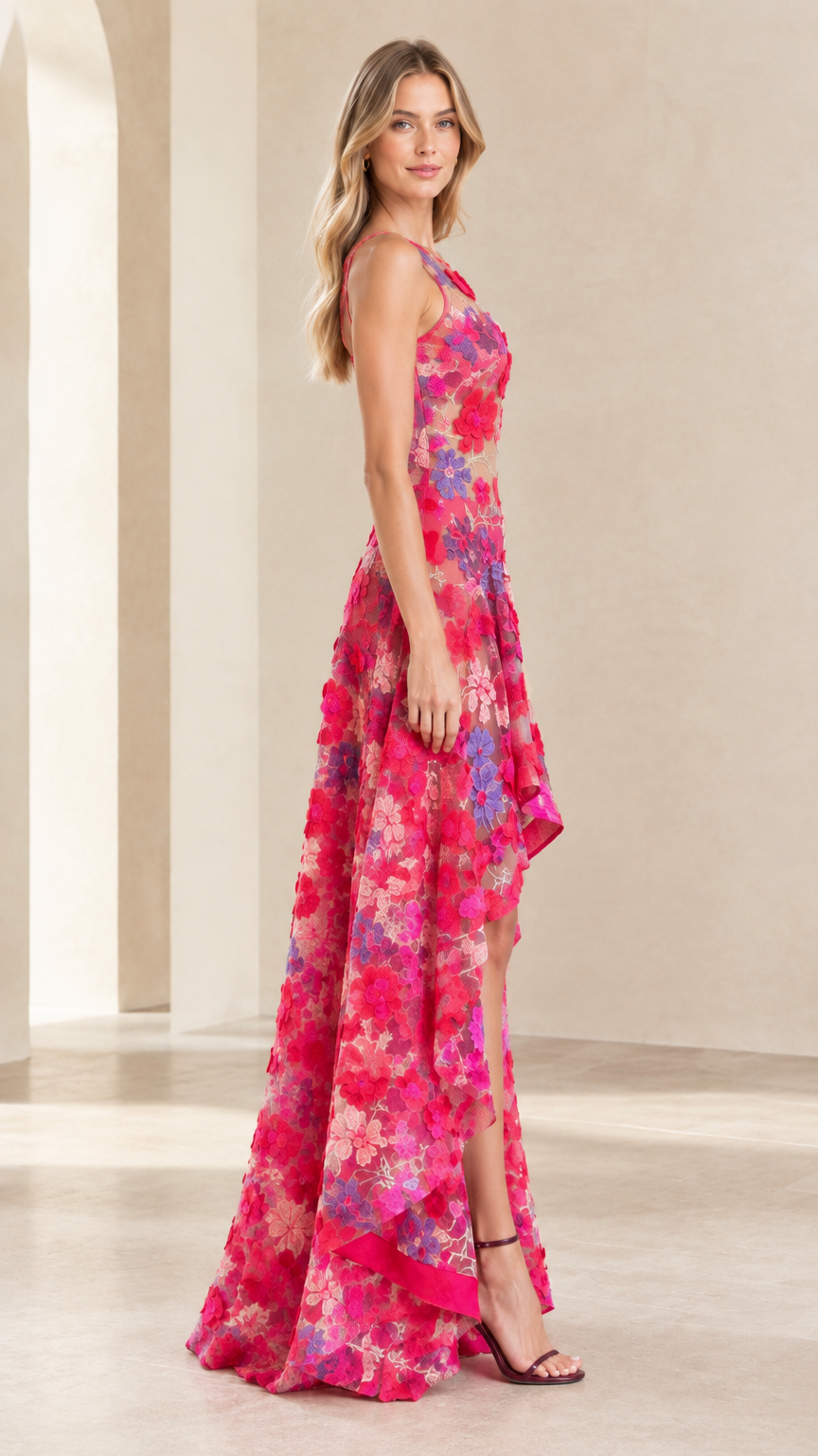 Side view of sleeveless Hot Pink floral lace high-low dress