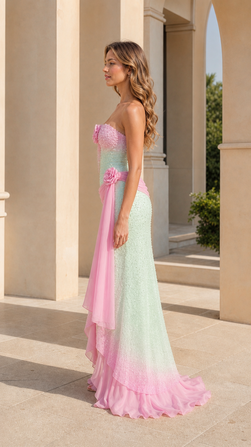 Side profile view of mint green and pink sequin evening gown showing draped waist sash and silhouette