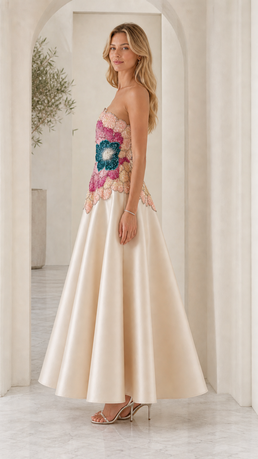 Side profile of model in champagne formal gown