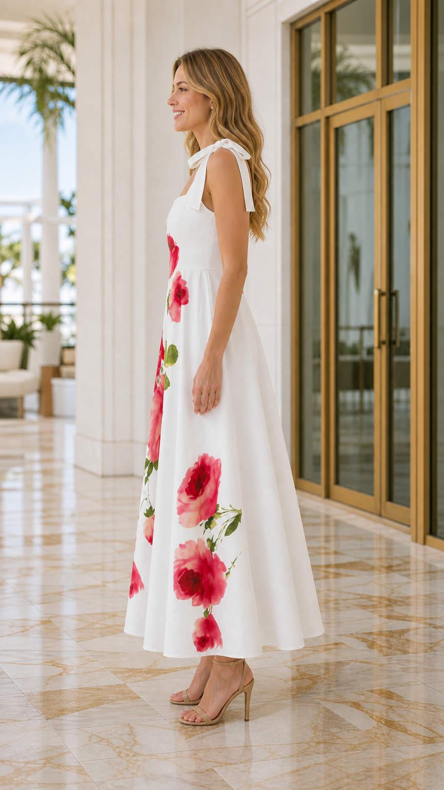 Side profile view of white floral maxi dress