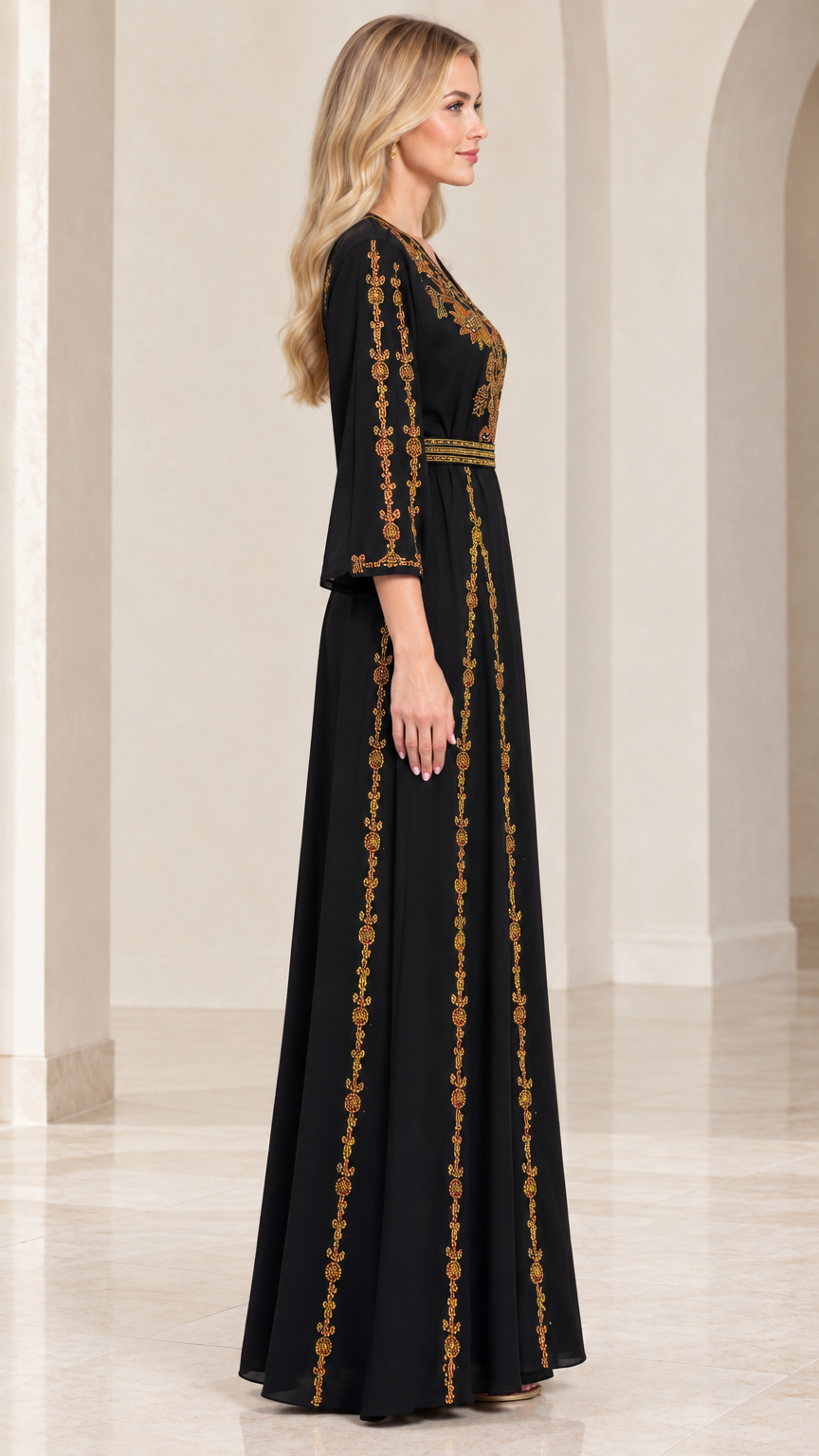 Side profile of woman wearing black embroidered maxi dress