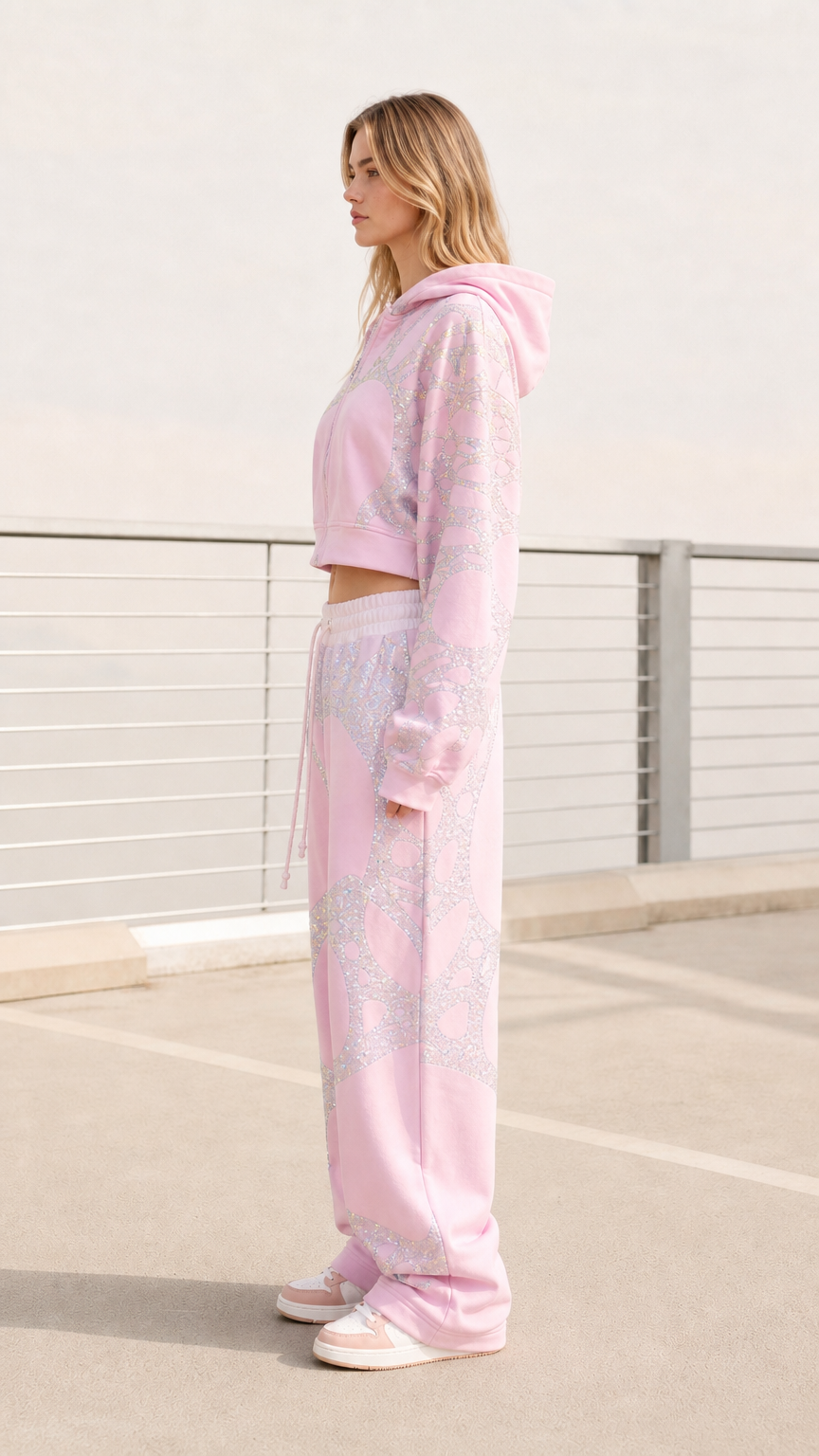 Side view of model wearing pastel pink cropped hoodie and baggy sweatpants