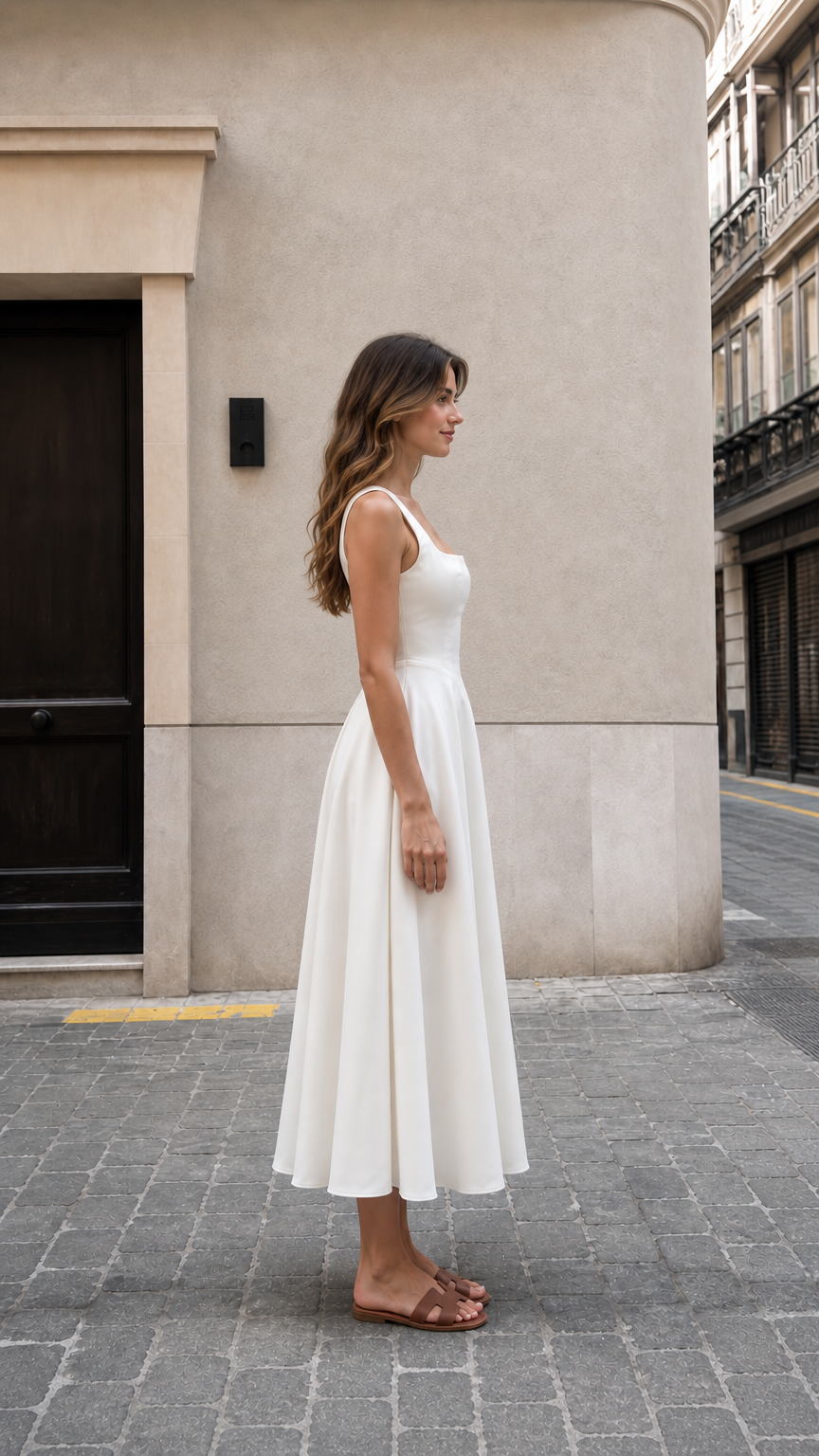 Side profile of woman wearing white midi dress