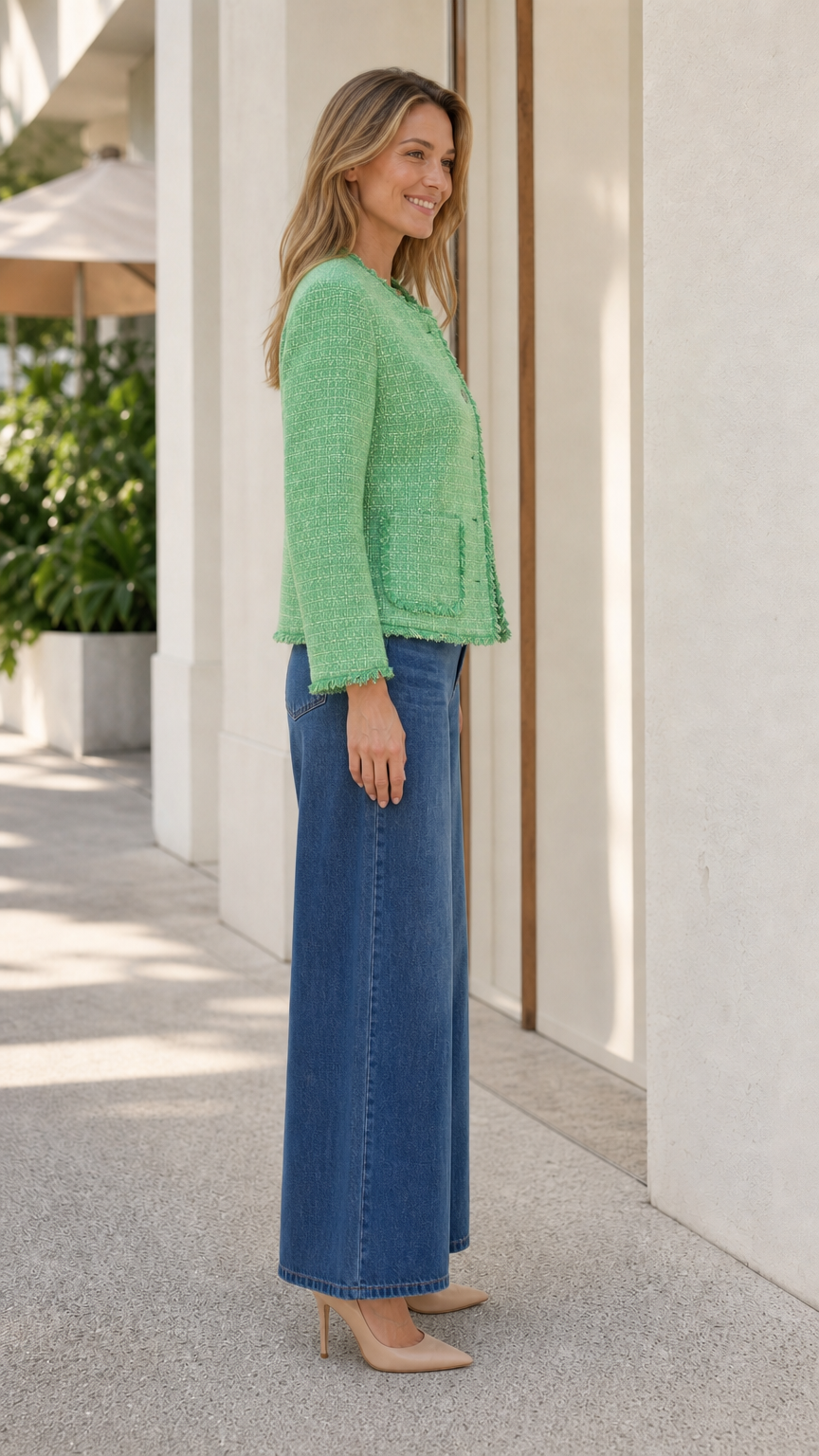 Side profile of model in green tweed jacket