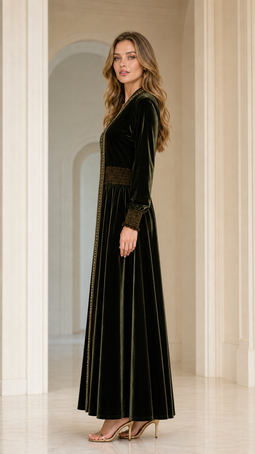 Side profile view of model in Dark Green velvet kaftan dress with smocked waist