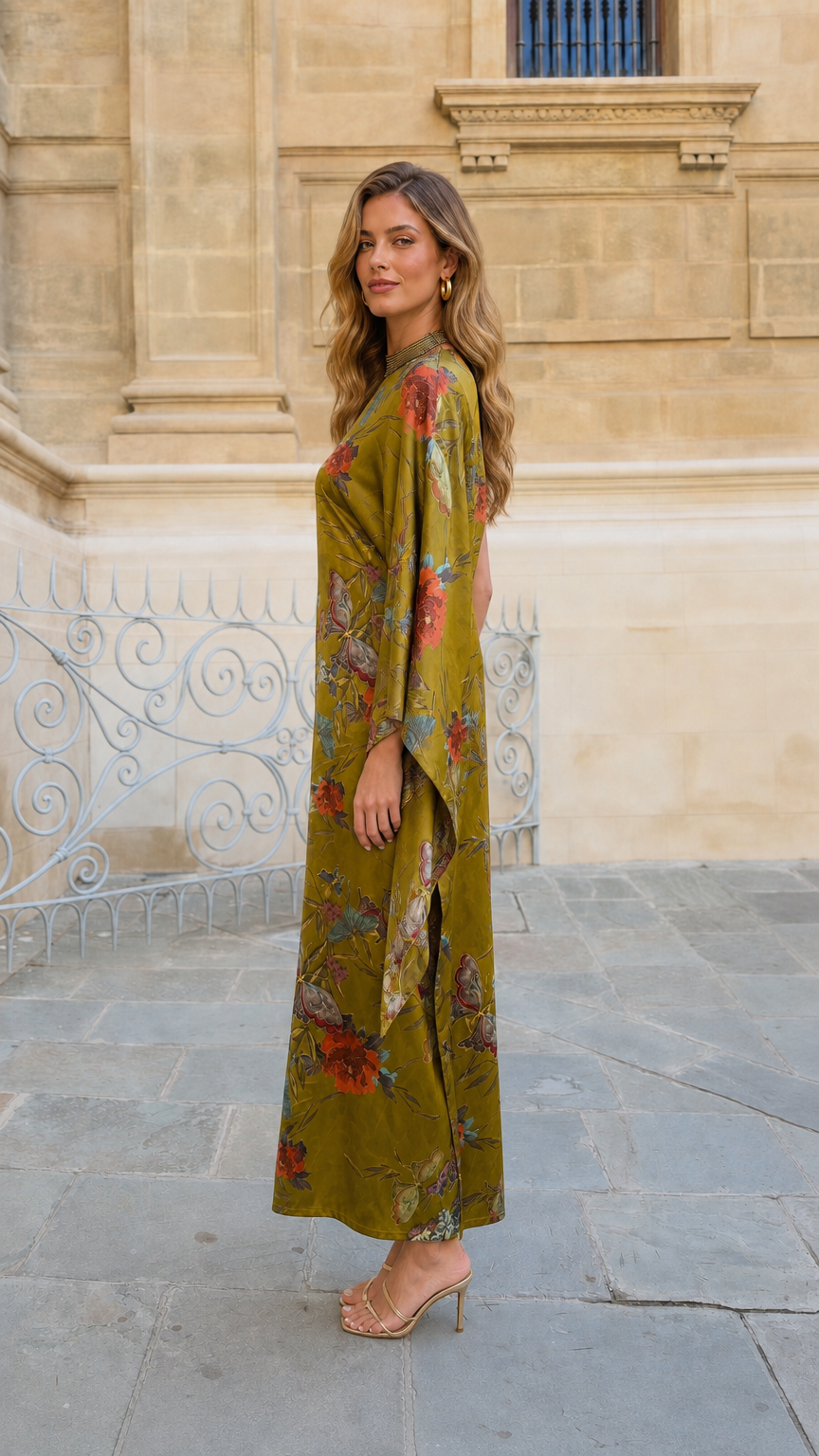Side profile of olive green floral one-shoulder maxi dress showing draped cape sleeve detail