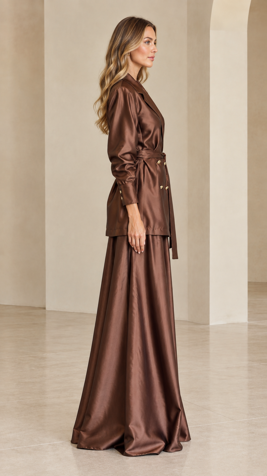 Side profile view of chocolate brown satin blazer and maxi skirt set