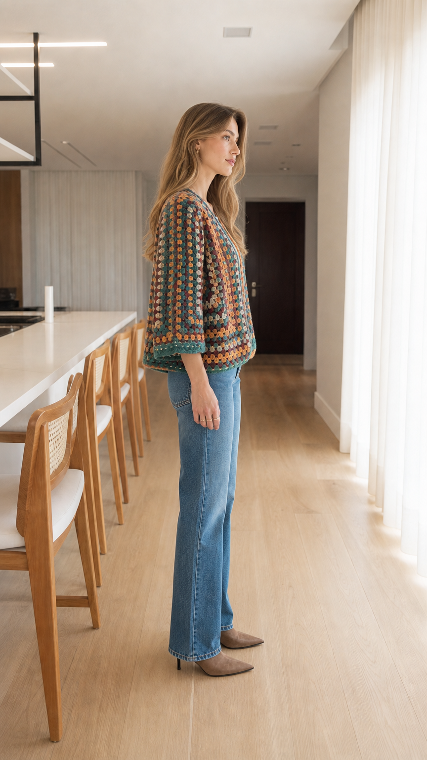 Side profile view of woman modeling colorful crochet knit cardigan with 3/4 sleeves