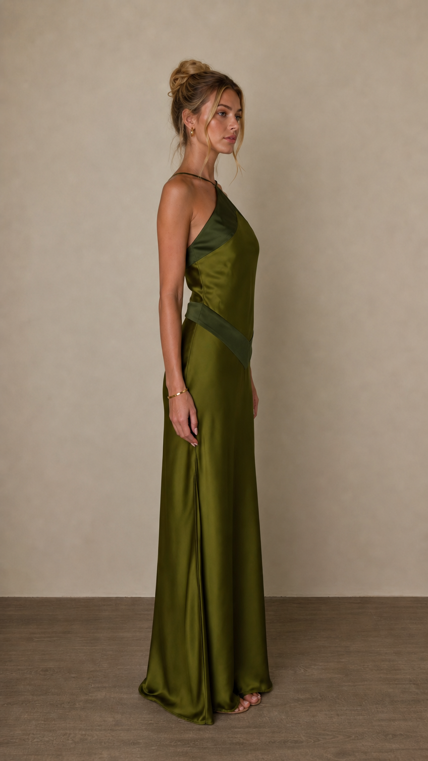 Side profile view of olive satin maxi dress