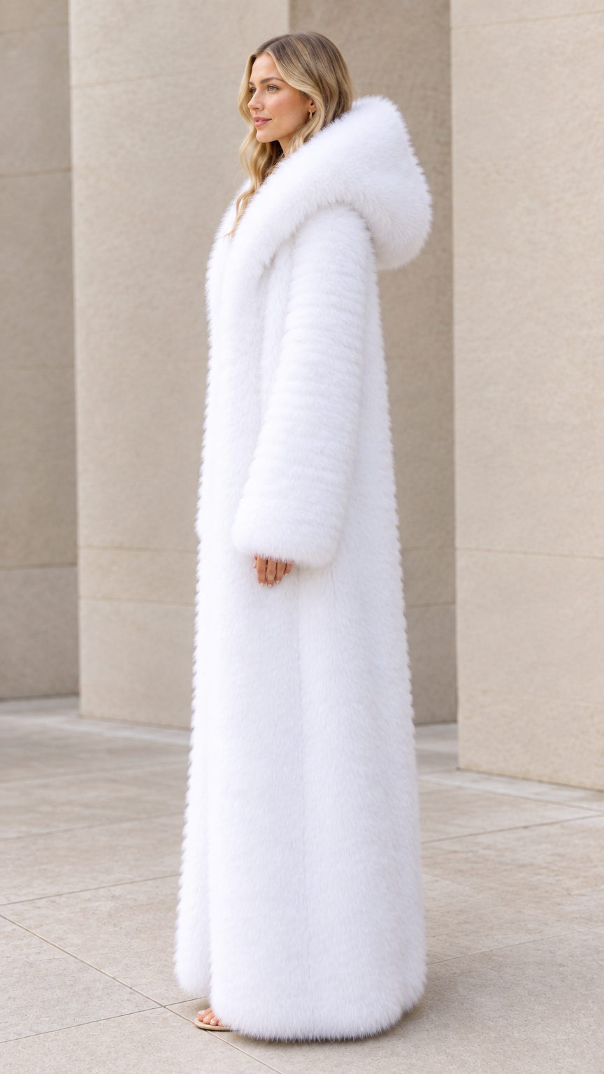 Full-length white hooded faux fur maxi overcoat side view
