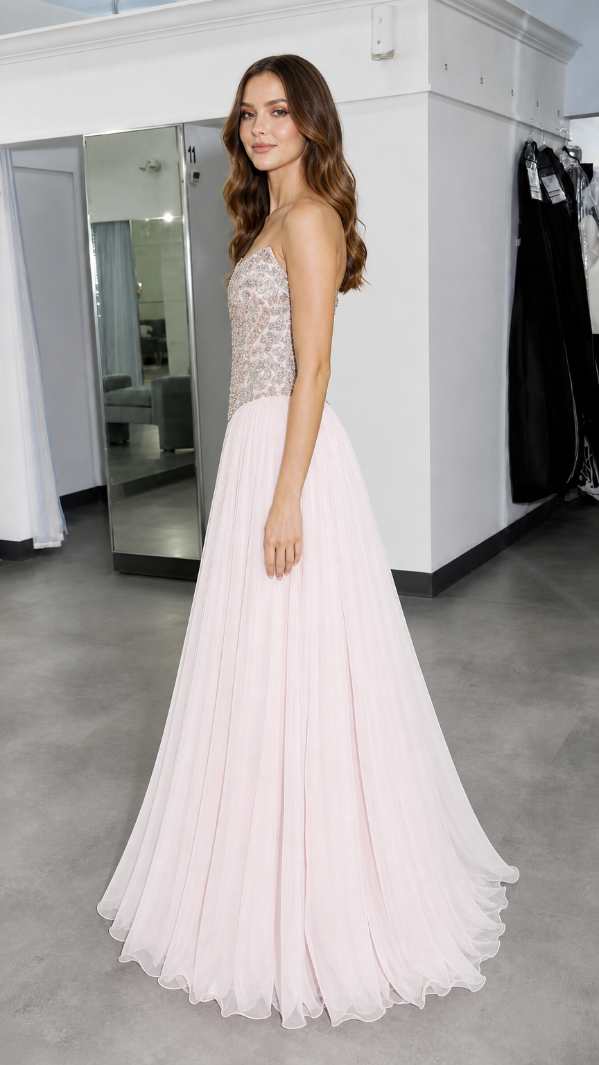 Side profile of model in pink evening gown