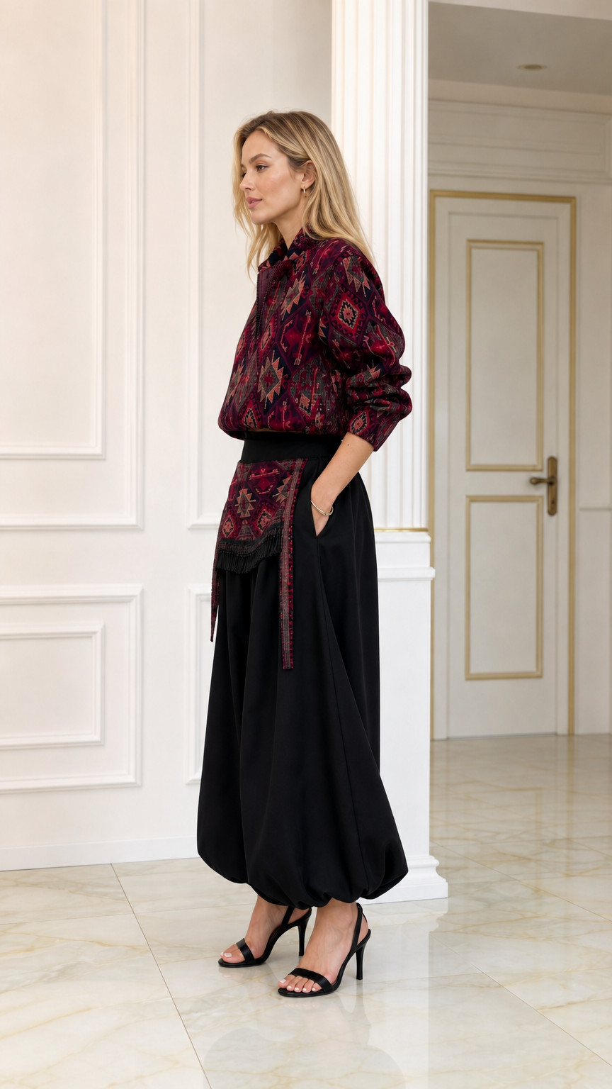 Side profile view of burgundy printed top and draped black harem pants set