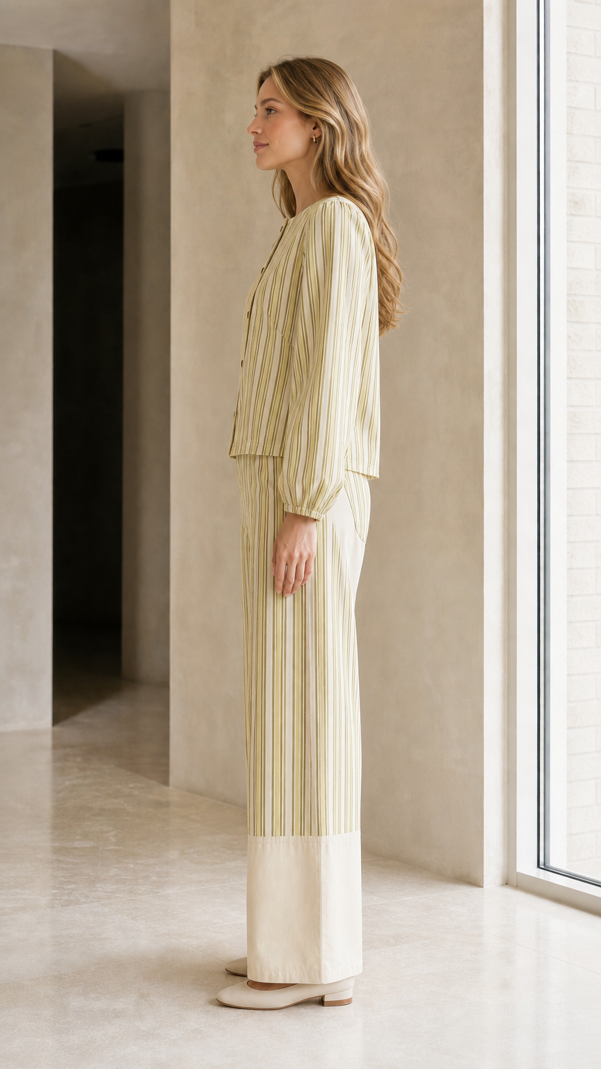 Side view of woman wearing sage striped matching set